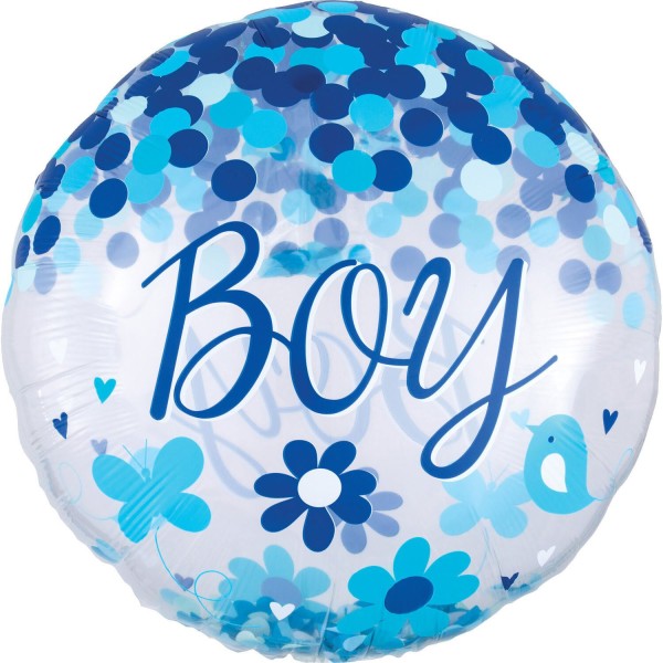 Luftballon zur Geburt "Boy", blau-weiß mit Konfetti
