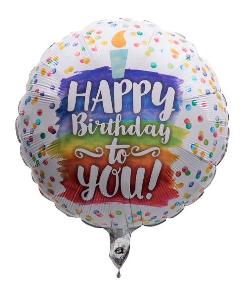 Ballon mit Regenbogentorte und Kerze "Happy Birthday to you!"
