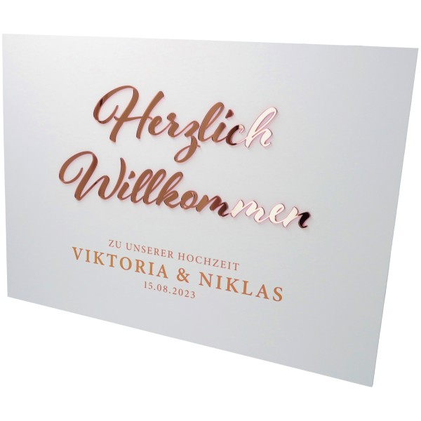 Willkommensschild Hochzeit "Namen & Datum" Rosé Gold 70x50