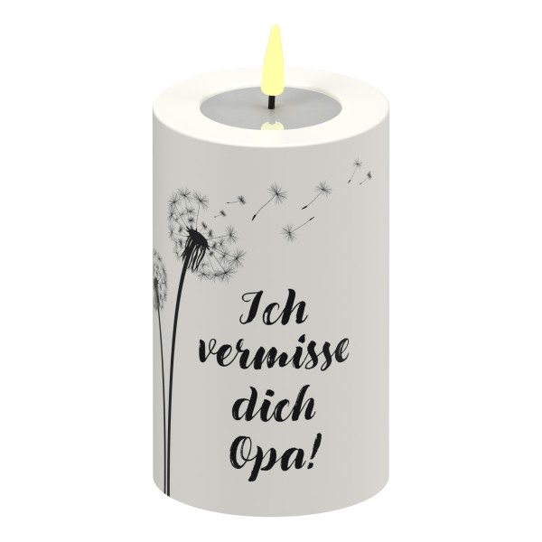 LED Stumpenkerze Weiß Pusteblume "Ich vermisse dich Opa!"