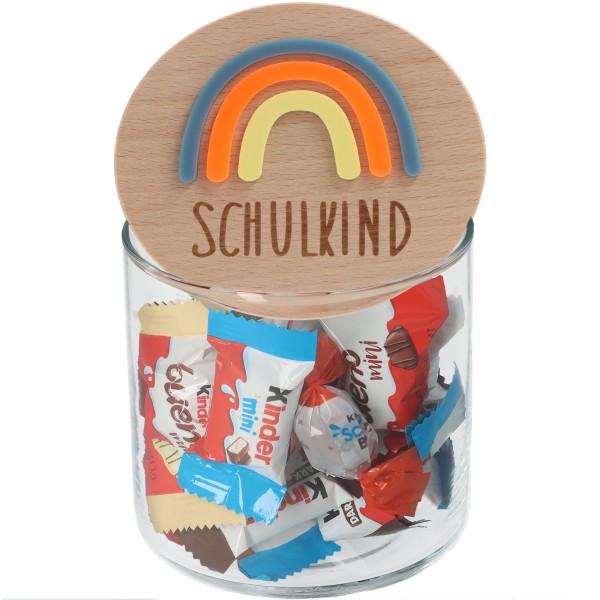 Geschenkglas Schulkind saphir, neonorange, gelb