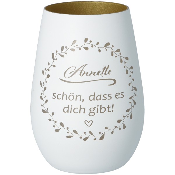 Windlicht Schön, dass es dich gibt "Name" Weiß/Gold
