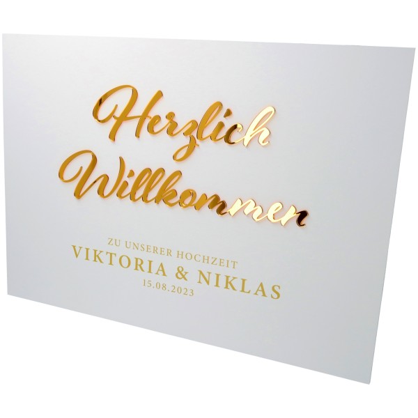 Willkommensschild Hochzeit "Namen & Datum" Gold 70x50