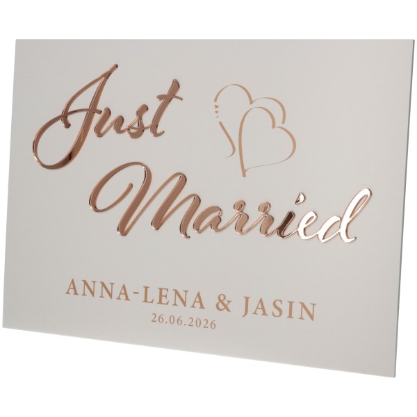 Hochzeitsschild Just Married "Namen & Datum" Roségold