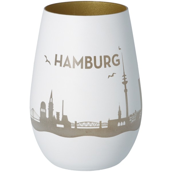 Windlicht Skyline Hamburg Weiß/Gold
