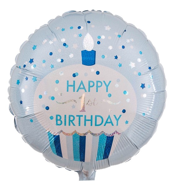 Blauer Folienballon "Cupcake - Happy 1st Birthday"