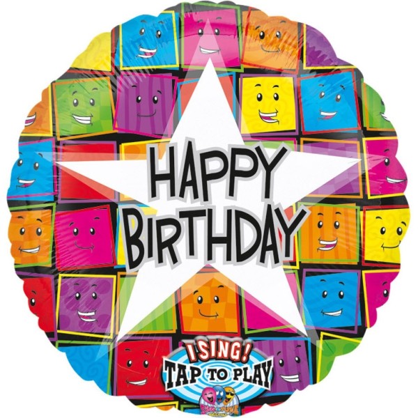 Musikballon "Quadratische Smileys - Happy Birthday"