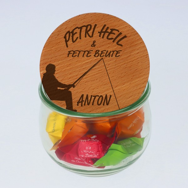 Geschenkglas Petri Heil & Fette Beute "Name" 580ml