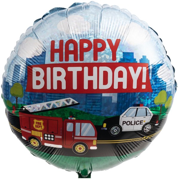 Folienballon "Happy Birthday" mit Feuerwehr & Polizei Holo