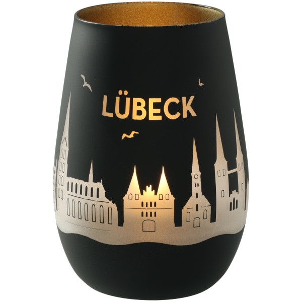 Windlicht Skyline Lübeck Schwarz/Gold