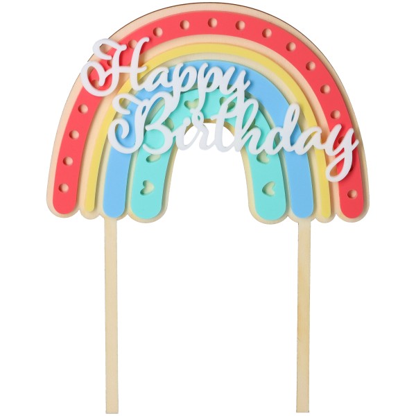 Cake Topper Regenbogen "Happy Birthday" Herz aus Holz & Acryl