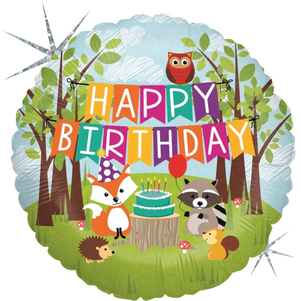 Folienballon "Happy Birthday" Waldmotiv mit Tieren