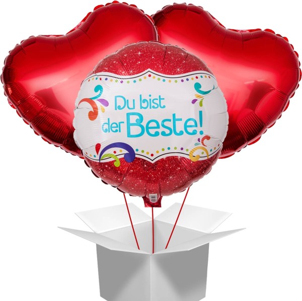 Ballonstrauß "Du bist der Beste!" mit roten Herzballons
