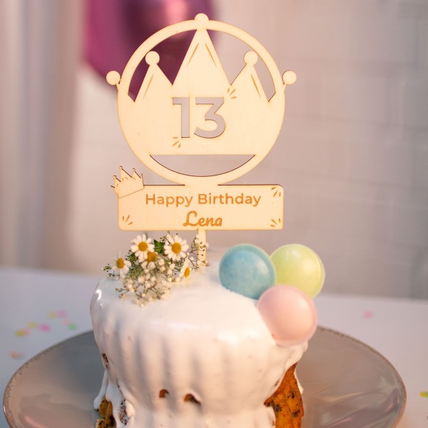 Cake Topper Ballon Krone "Name & Zahl" aus Holz
