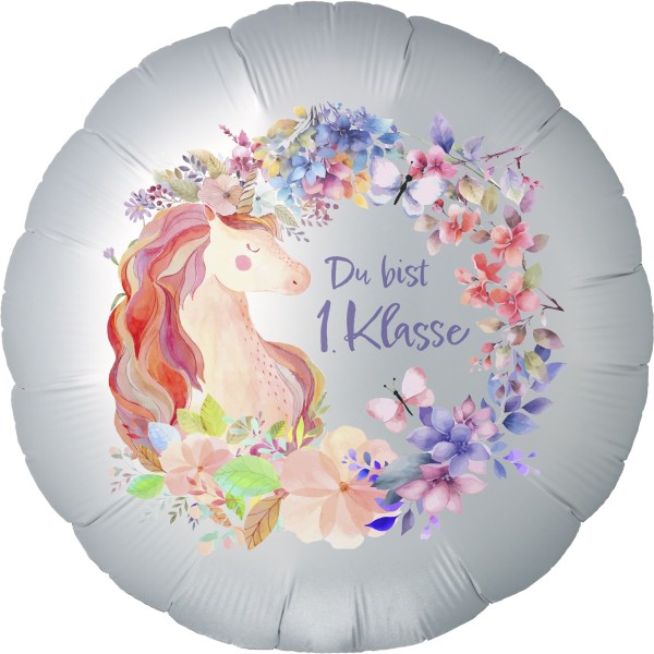 Folienballon Satin Weiß "Einhorn Du bist 1. Klasse"