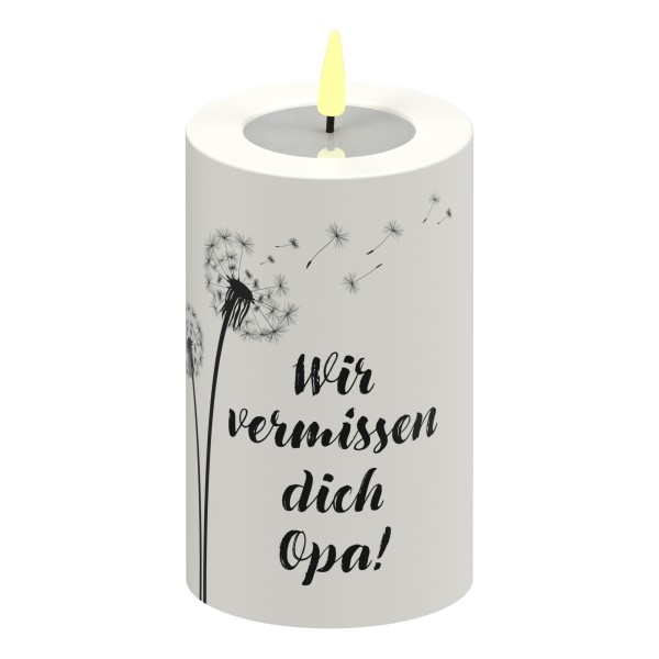 LED Stumpenkerze Weiß Pusteblume "Wir vermissen dich Opa!"