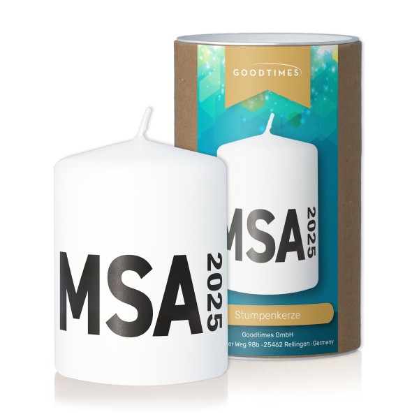 Stumpenkerze Schwarz "MSA 2025" Weiß