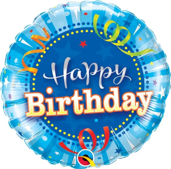 Blauer "Happy Birthday" Ballon mit Luftschlangen-Motiv