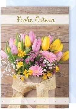 Ostergrußkarte "Frohe Ostern" mit Tulpenstrauß
