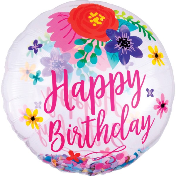 Blumiger Ballon mit Konfetti "Happy Birthday"