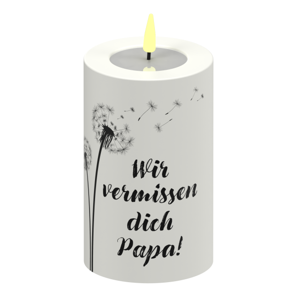 LED Stumpenkerze Weiß Pusteblume "Wir vermissen dich Papa!"