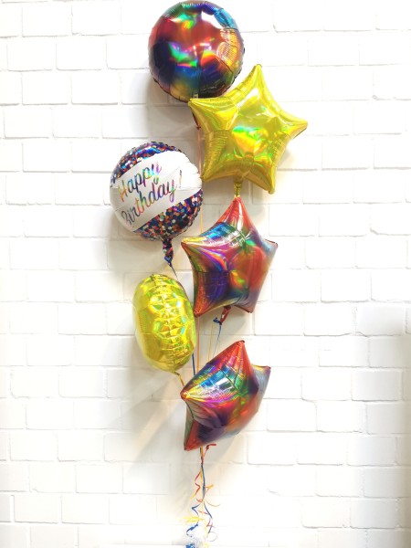 6er Ballonset "Happy Birthday" Rund- und Sternballons irisierend