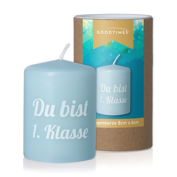 Stumpenkerze "Du bist 1. Klasse" Hellblau