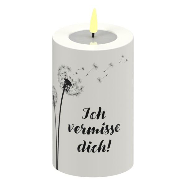 LED Stumpenkerze Weiß Pusteblume "Ich vermisse dich!"