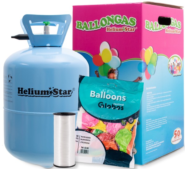 Ballongas mit 50 Ballons & Bänder Gas Helium Einweg Ballon Party