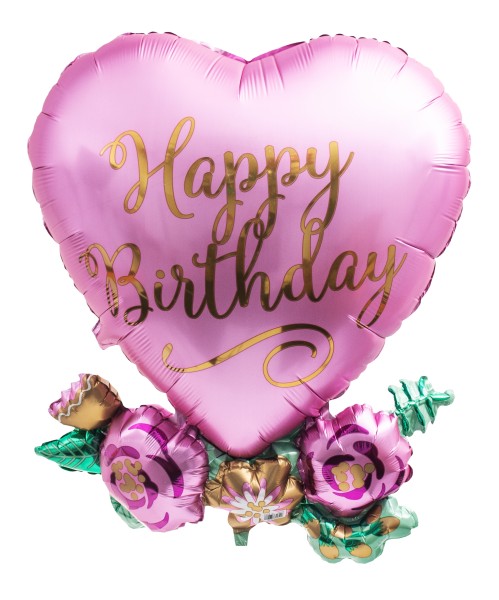 Herzballon mit Blumenbouquet zum Geburtstag "Happy Birthday"