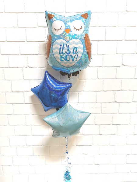 Ballonset zur Geburt "It's a Boy" Eule Blau