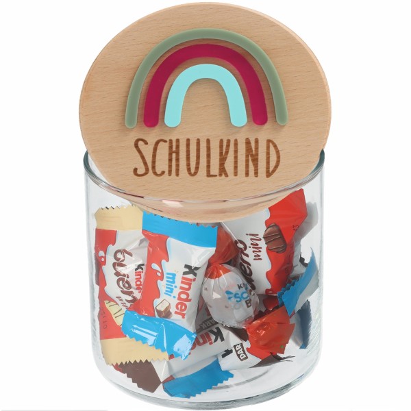 Geschenkglas Schulkind oliv, brombeer, türkis