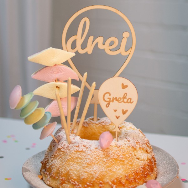 Cake Topper Ballon Herz Set Zahl 3 aus Holz