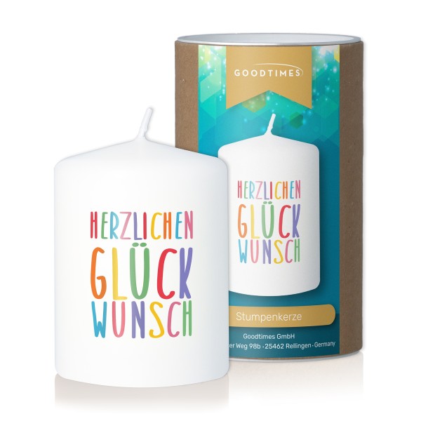 Stumpenkerze "Herzlichen Glückwunsch" Weiß