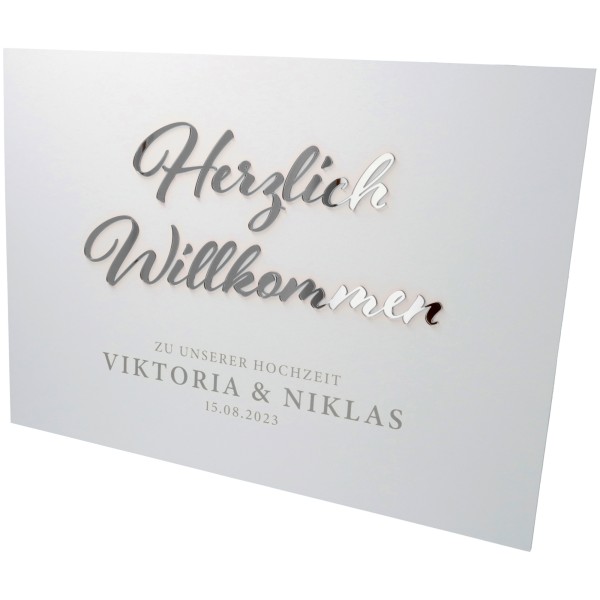 Willkommensschild Hochzeit "Namen & Datum" Silber 70x50