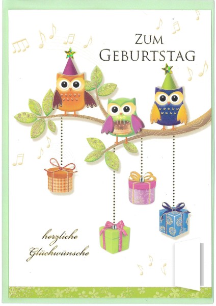 Geburtstagskarte Eulen "Zum Geburtstag, Herzliche Glückwünsche!"