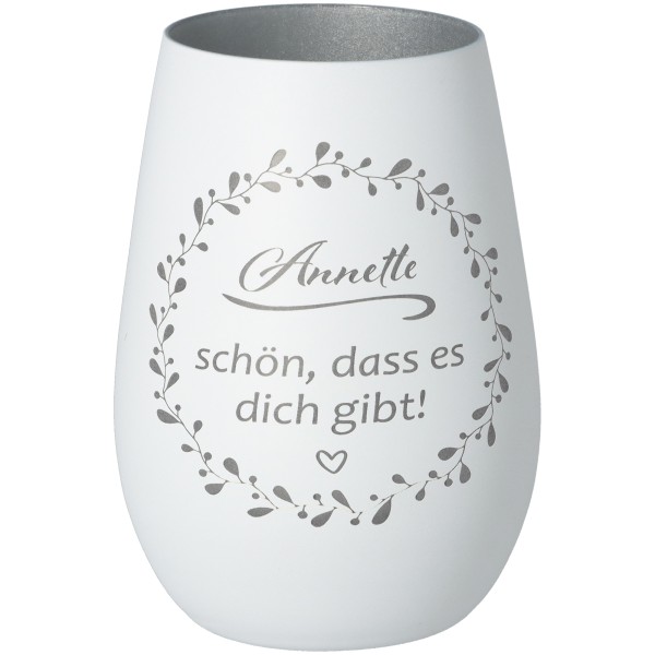 Windlicht Schön, dass es dich gibt "Name" Weiß/Silber
