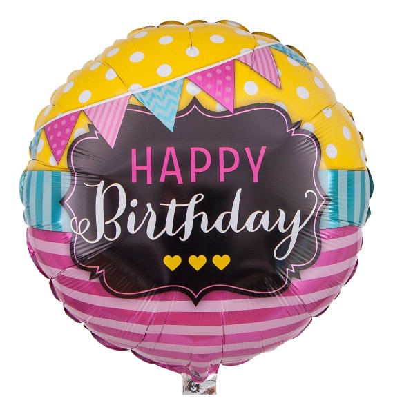 Bunter Happy Birthday Ballon mit Wimpelkette und Herzen