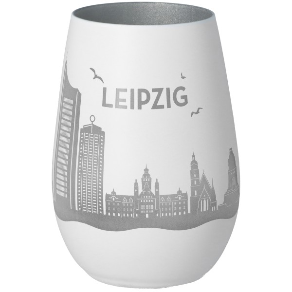 Windlicht Skyline Leipzig Weiß/Silber