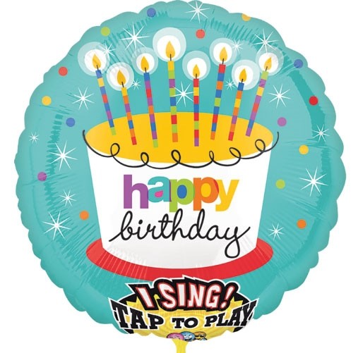 Musikballon mit Kuchen und Kerzen "Happy Birthday"