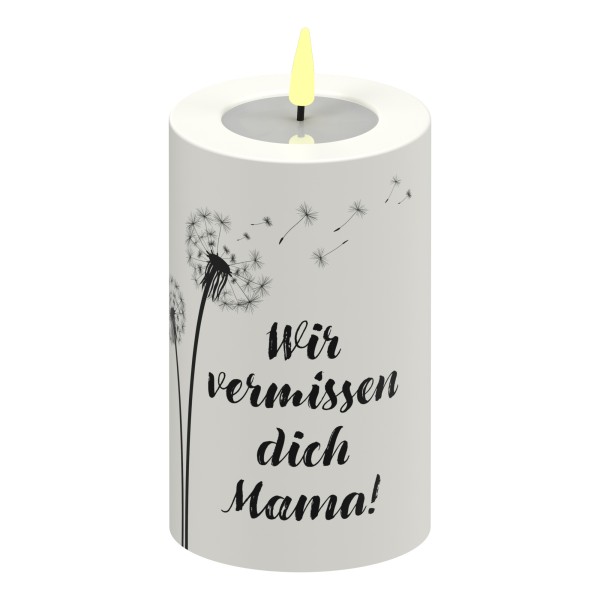 LED Stumpenkerze Weiß Pusteblume "Wir vermissen dich Mama!"