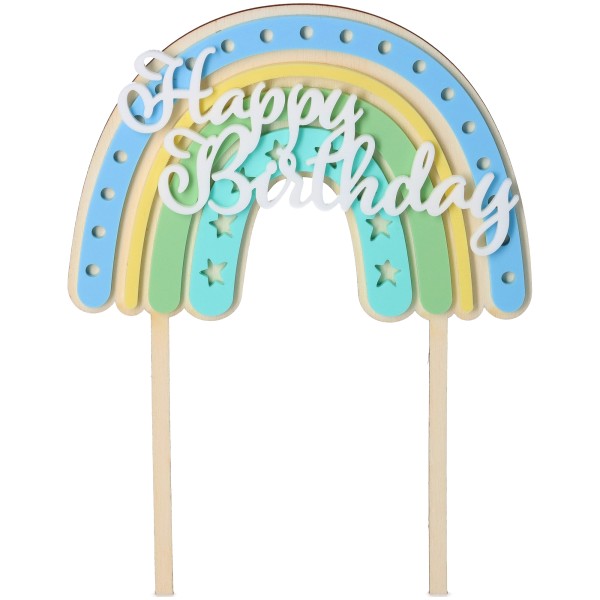 Cake Topper Regenbogen "Happy Birthday" Stern aus Holz & Acryl