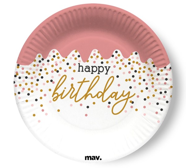 Maverick Pappteller klein "Happy Birthday" Rose Confetti 18cm, 8 Stück