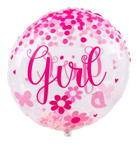 Luftballon zur Geburt "Girl", rosa-weiß mit Konfetti