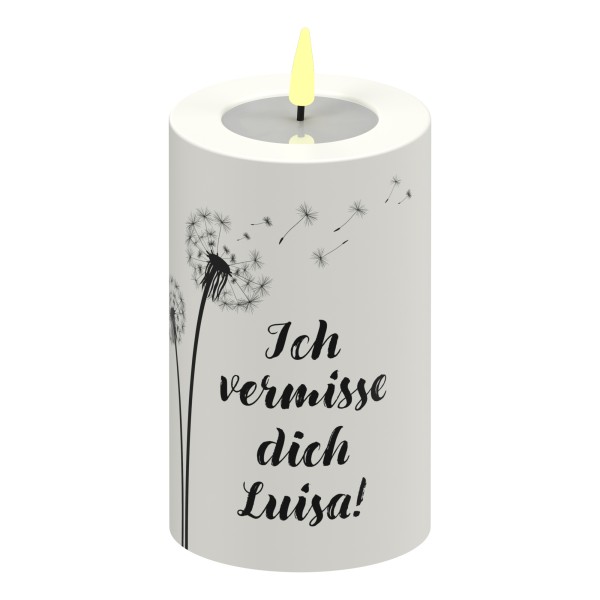 LED Stumpenkerze Weiß Pusteblume "Ich vermisse dich NAME!"