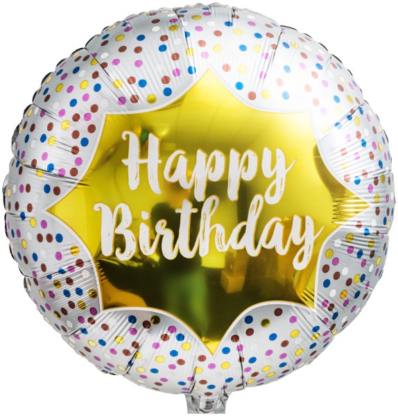 Gold und Bunt gepunkteter Ballon "Happy Birthday"